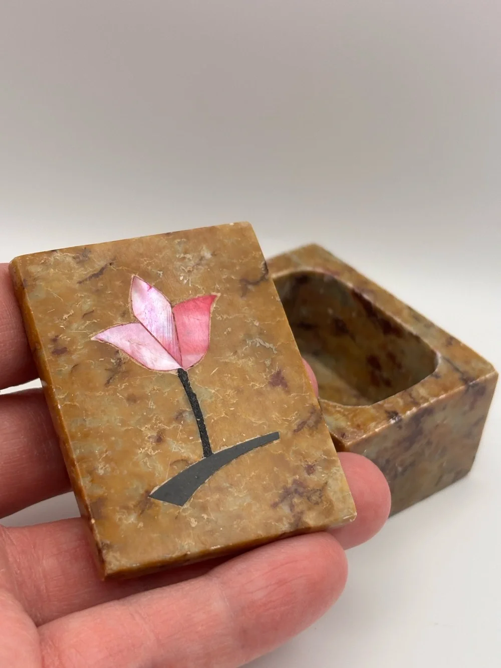 Vintage Stone or Marble Trinket Box with Pink Mother-of-Pearl Flower Accent